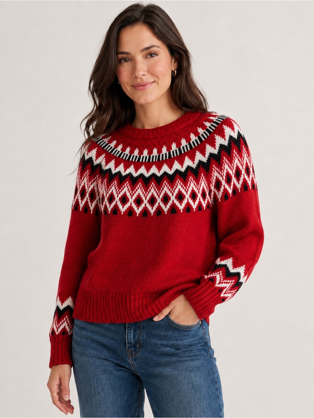 Lucky Brand Fair Isle Sweater Women’s Red Sparkle Knit Crew Neck Pullover NWT